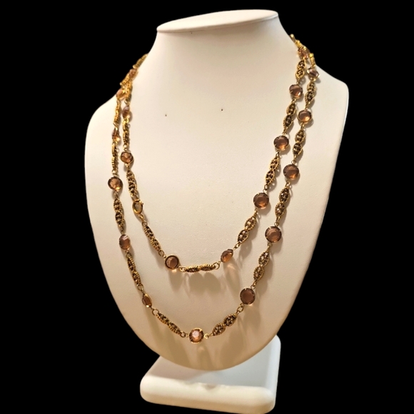 RARE 1930's Vintage Gold Tone Engraved Chain Necklace with 30 Topaz Crystals. - Picture 6 of 10